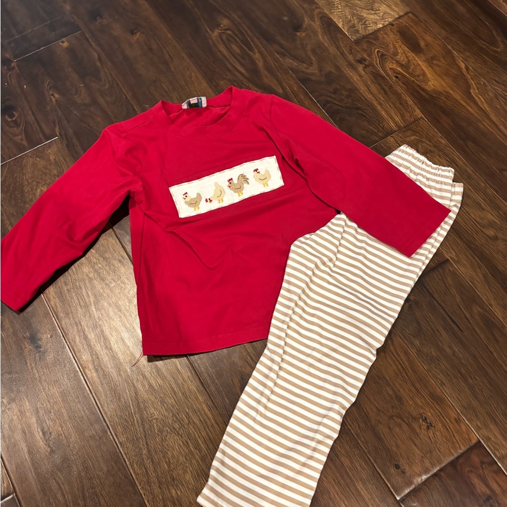 Red smocked chicken shirt set